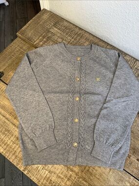 Gray Cable-Front Wool-Blend Cardigan with Gold Buttons